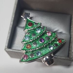 Christmas Tree Pin with Colored Jewel Ornaments & Silver Star